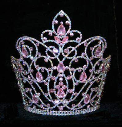 #16177 - Caped Crown Rose and AB - 7" Tiaras & Crowns over 6" Rhinestone Jewelry Corporation